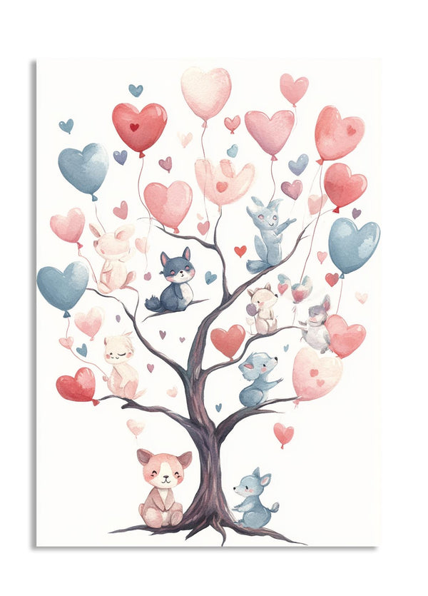 Illustration of animals sitting under a tree with heart-shaped balloons on a white background, as a premium aluminum metal print from GoMetalPrint.
