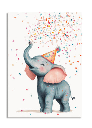 Illustration of a party elephant with a colorful confetti background, as a premium aluminum metal print from GoMetalPrint.