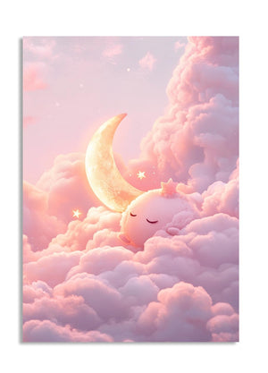 Cute illustration of a cloud with a smiling face and a crescent moon above, set against a soft pink background, as a premium aluminum metal print from GoMetalPrint.
