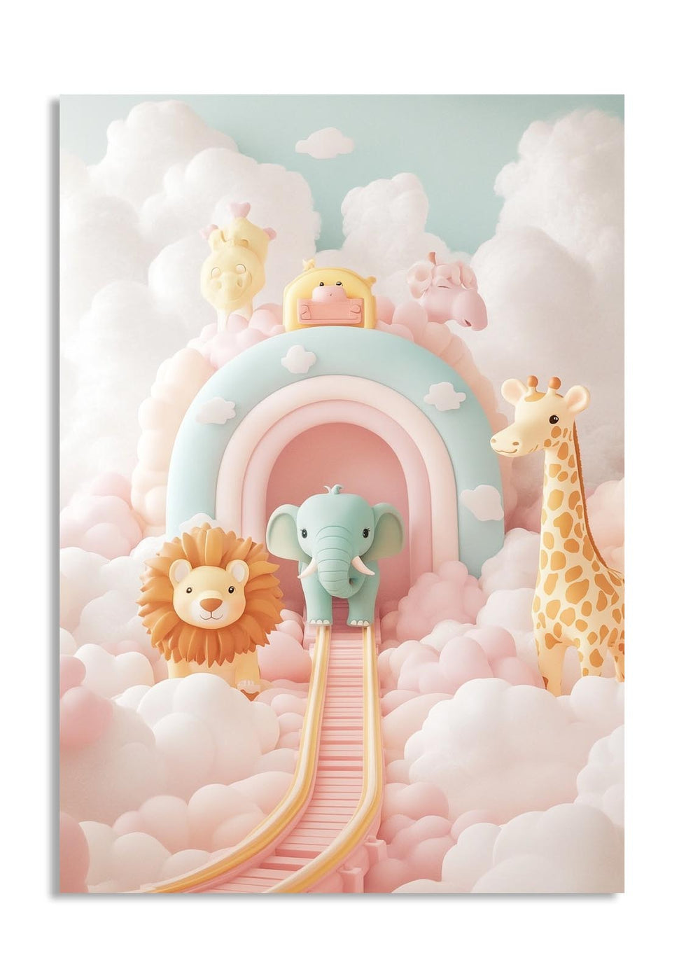 Children's poster with cartoon animals on a rainbow and clouds, as a premium aluminum metal print from GoMetalPrint.