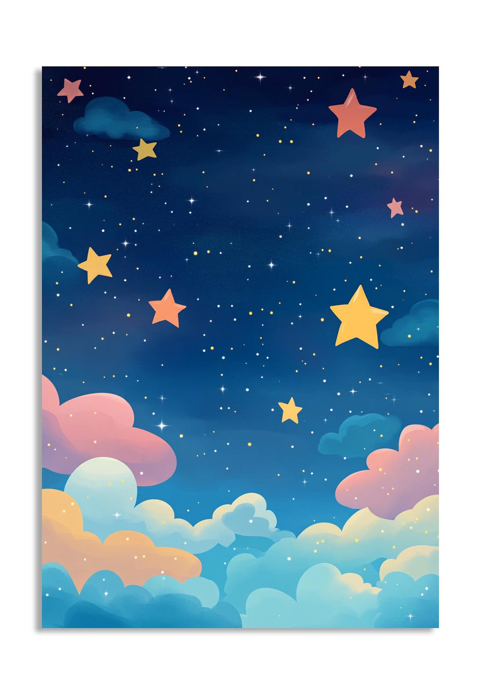 Illustration of a night sky with stars and clouds in pastel colors on a white background, as a premium aluminum metal print from GoMetalPrint.