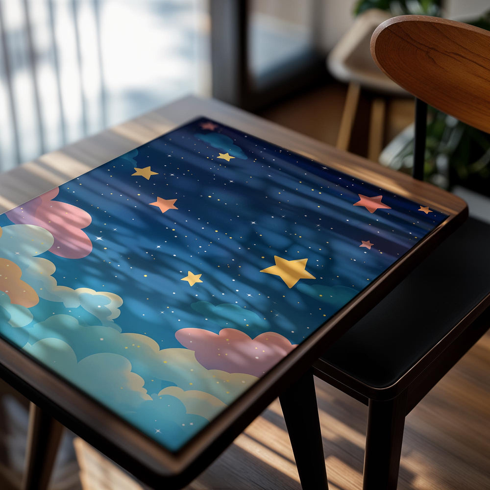 Illustration of a night sky with stars and clouds in pastel colors on a white background, as a premium aluminum metal print from GoMetalPrint.