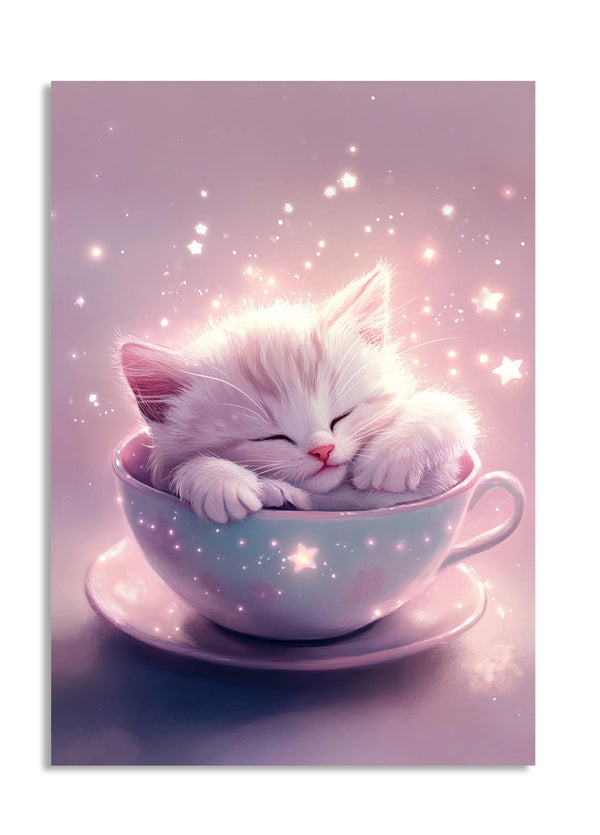 White kitten sleeping in a teacup with a magical starry background, as a premium aluminum metal print from GoMetalPrint.
