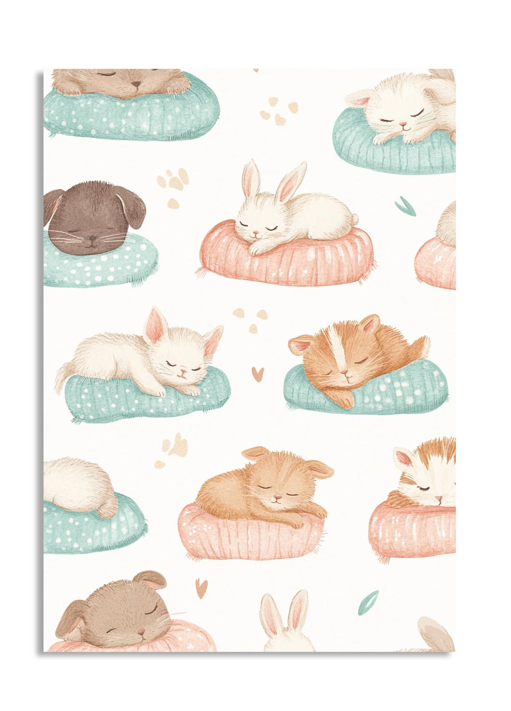 Pattern of sleeping animals on a white background, as a premium aluminum metal print from GoMetalPrint.