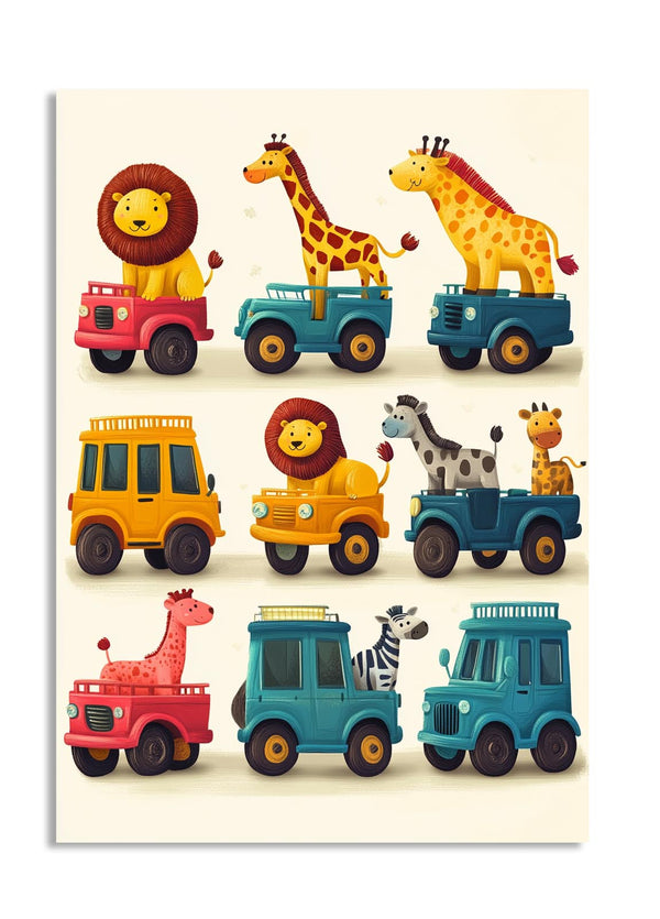 Illustration of toy cars with animal characters on a beige background, as a premium aluminum metal print from GoMetalPrint.