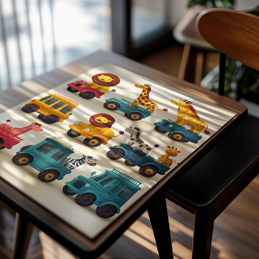 Illustration of toy cars with animal characters on a beige background, as a premium aluminum metal print from GoMetalPrint.