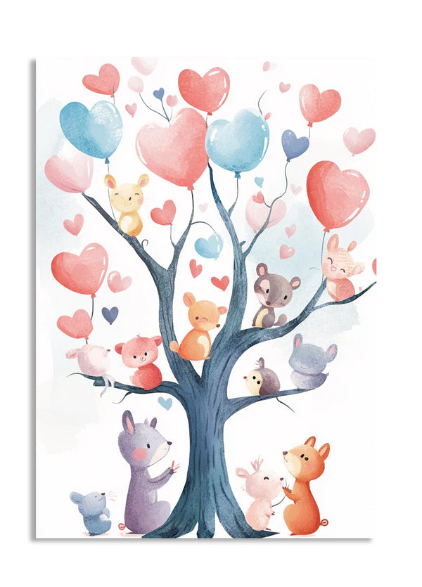 Illustration of a tree with colorful balloons and animal characters on a white background, as a premium aluminum metal print from GoMetalPrint.