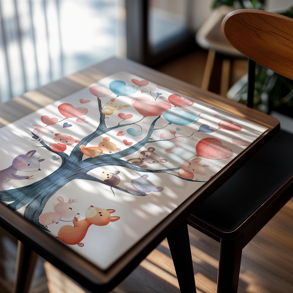 Illustration of a tree with colorful balloons and animal characters on a white background, as a premium aluminum metal print from GoMetalPrint.