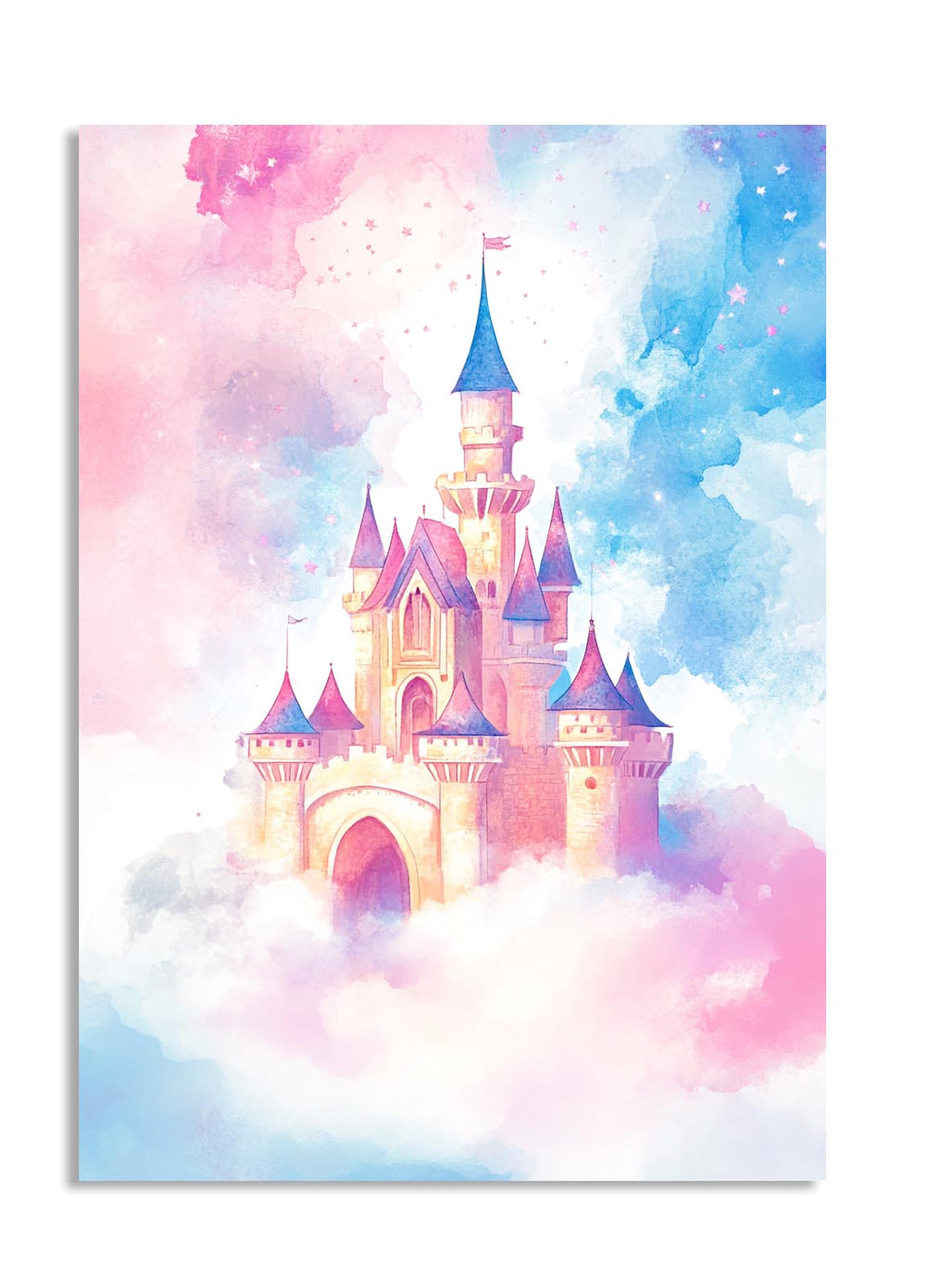 Fantasy castle in pastel colors on a cloud background, as a premium aluminum metal print from GoMetalPrint.