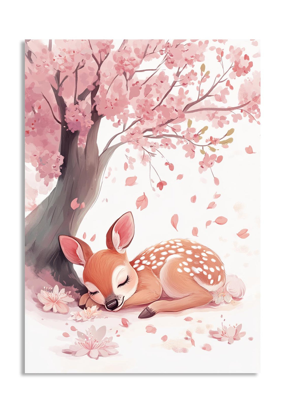 Illustration of a deer sleeping under a cherry blossom tree with pink flowers and petals, as a premium aluminum metal print from GoMetalPrint.