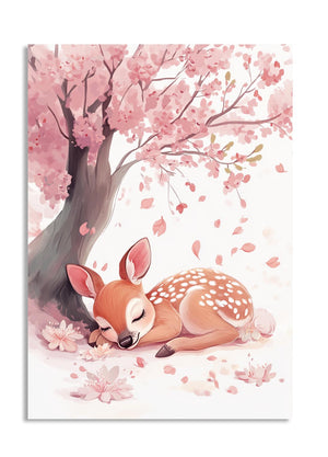 Illustration of a deer sleeping under a cherry blossom tree with pink flowers and petals, as a premium aluminum metal print from GoMetalPrint.