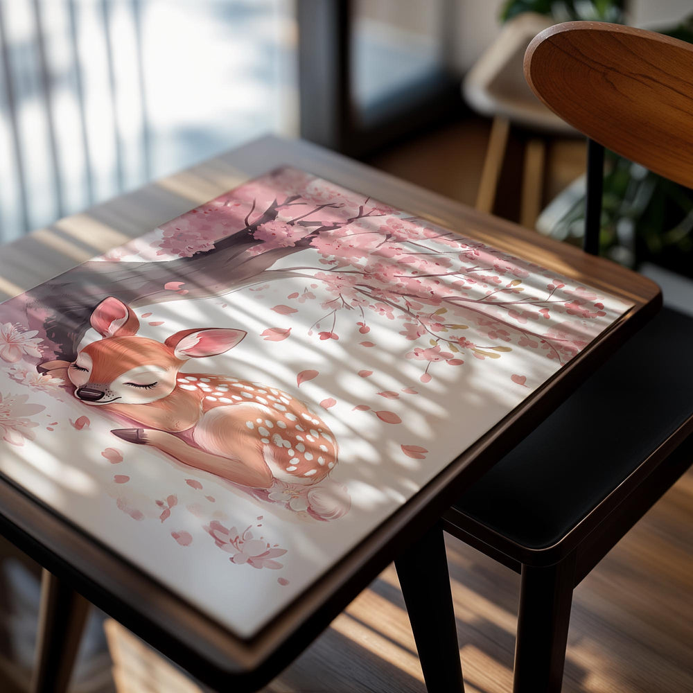 Illustration of a deer sleeping under a cherry blossom tree with pink flowers and petals, as a premium aluminum metal print from GoMetalPrint.
