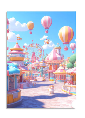 Colorful cartoon-style amusement park with hot air balloons and Ferris wheel, as a premium aluminum metal print from GoMetalPrint.