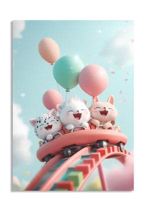Cartoon animals on a roller coaster with balloons against a light blue sky, as a premium aluminum metal print from GoMetalPrint.