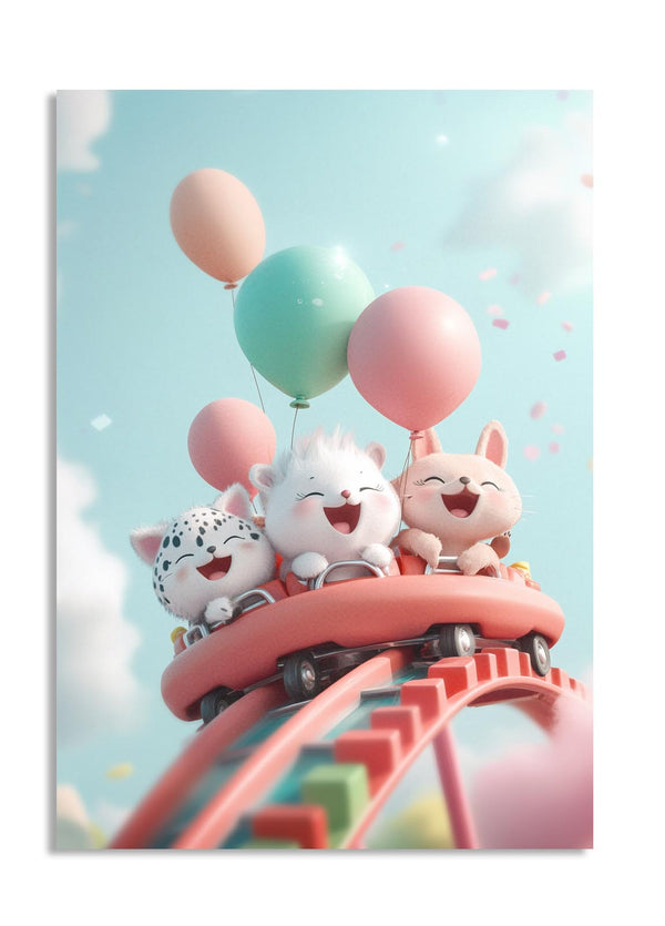 Cartoon animals on a roller coaster with balloons against a light blue sky, as a premium aluminum metal print from GoMetalPrint.