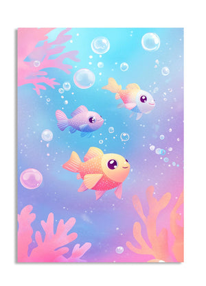 Colorful illustration of cartoon fish and bubbles on a gradient background, as a premium aluminum metal print from GoMetalPrint.