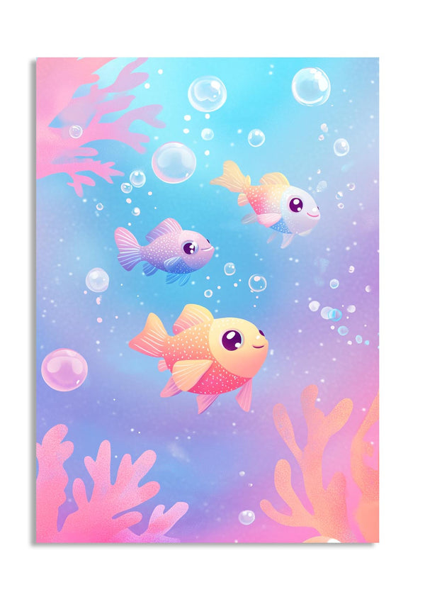 Colorful illustration of cartoon fish and bubbles on a gradient background, as a premium aluminum metal print from GoMetalPrint.