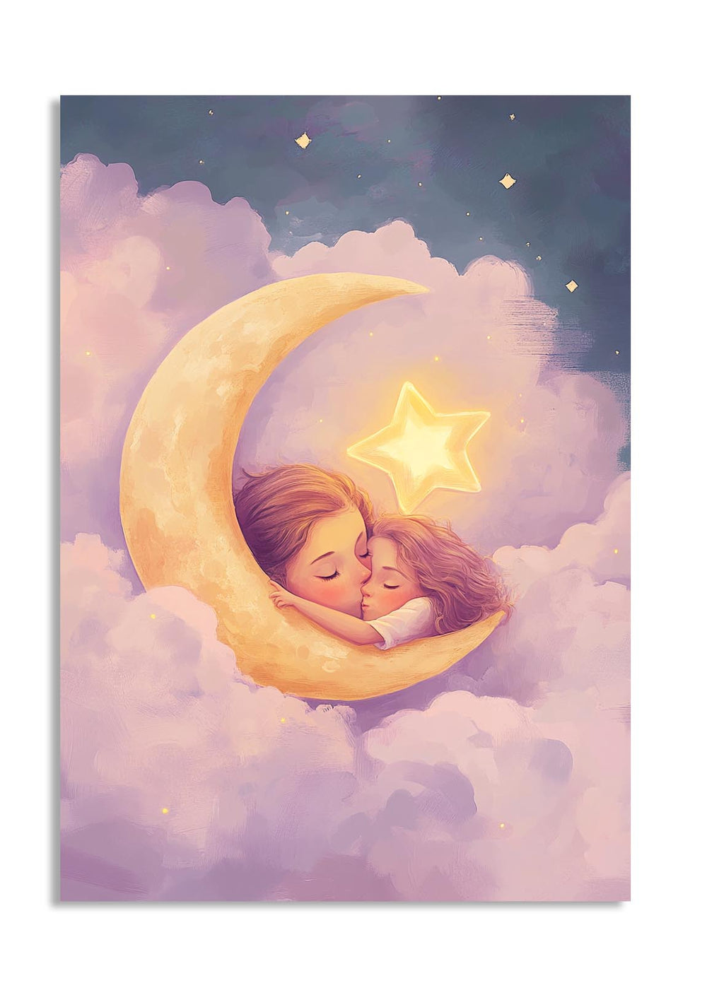 Illustration of a child embracing a star on a crescent moon, surrounded by clouds and stars, as a premium aluminum metal print from GoMetalPrint.