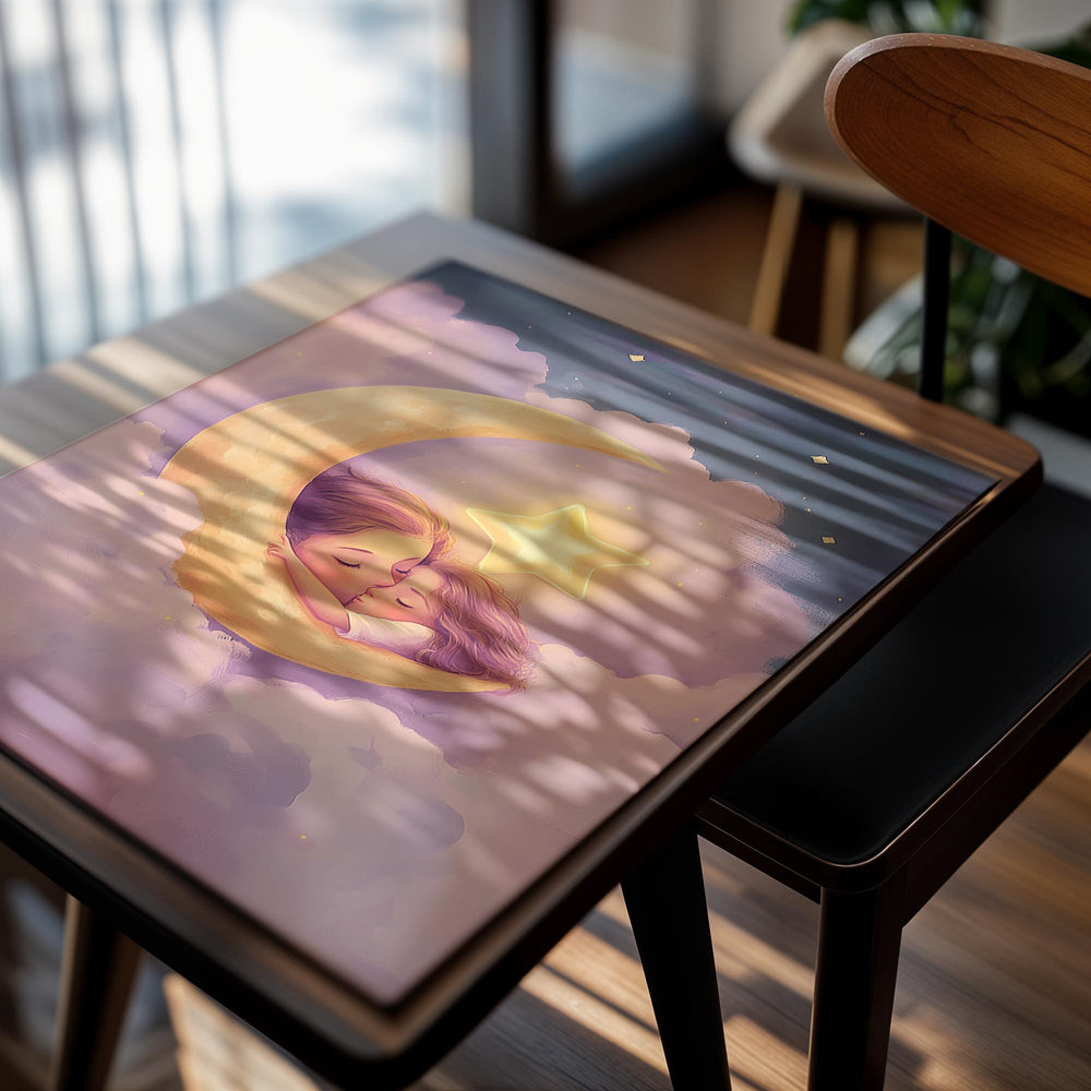 Illustration of a child embracing a star on a crescent moon, surrounded by clouds and stars, as a premium aluminum metal print from GoMetalPrint.