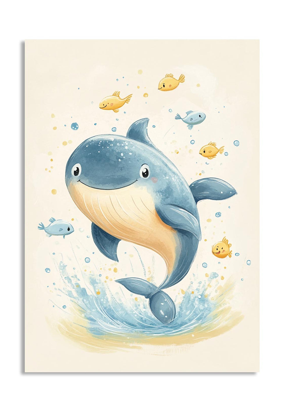 Illustration of a dolphin surrounded by smaller fish on a light beige background , as a premium aluminum metal print from GoMetalPrint.