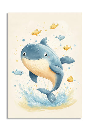 Illustration of a dolphin surrounded by smaller fish on a light beige background , as a premium aluminum metal print from GoMetalPrint.