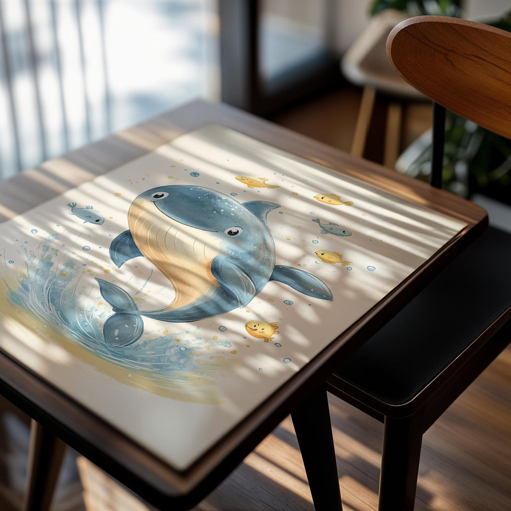 Illustration of a dolphin surrounded by smaller fish on a light beige background , as a premium aluminum metal print from GoMetalPrint.