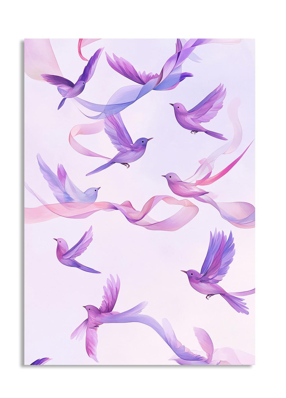 Pattern of colorful birds and ribbons on a light purple background, as a premium aluminum metal print from GoMetalPrint.