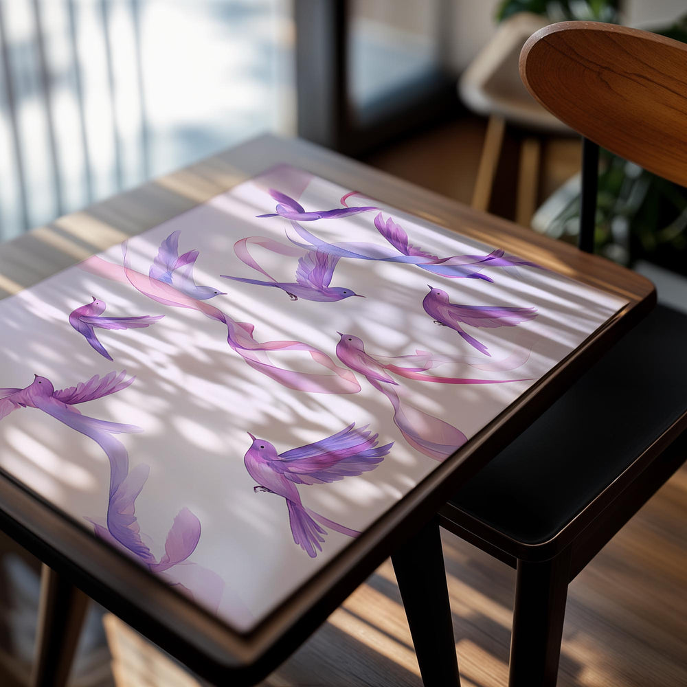 Pattern of colorful birds and ribbons on a light purple background, as a premium aluminum metal print from GoMetalPrint.