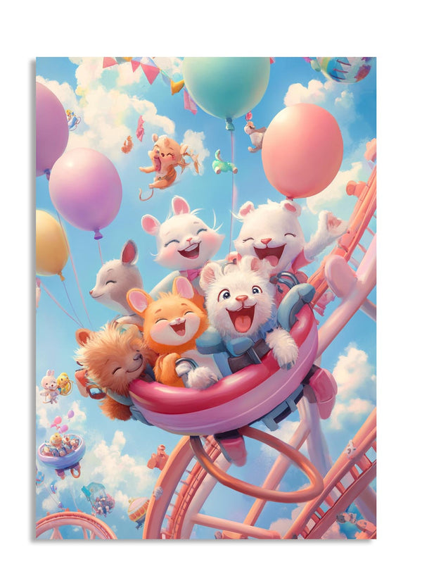 Cartoon animals on a roller coaster with colorful balloons and clouds in the sky, as a premium aluminum metal print from GoMetalPrint.