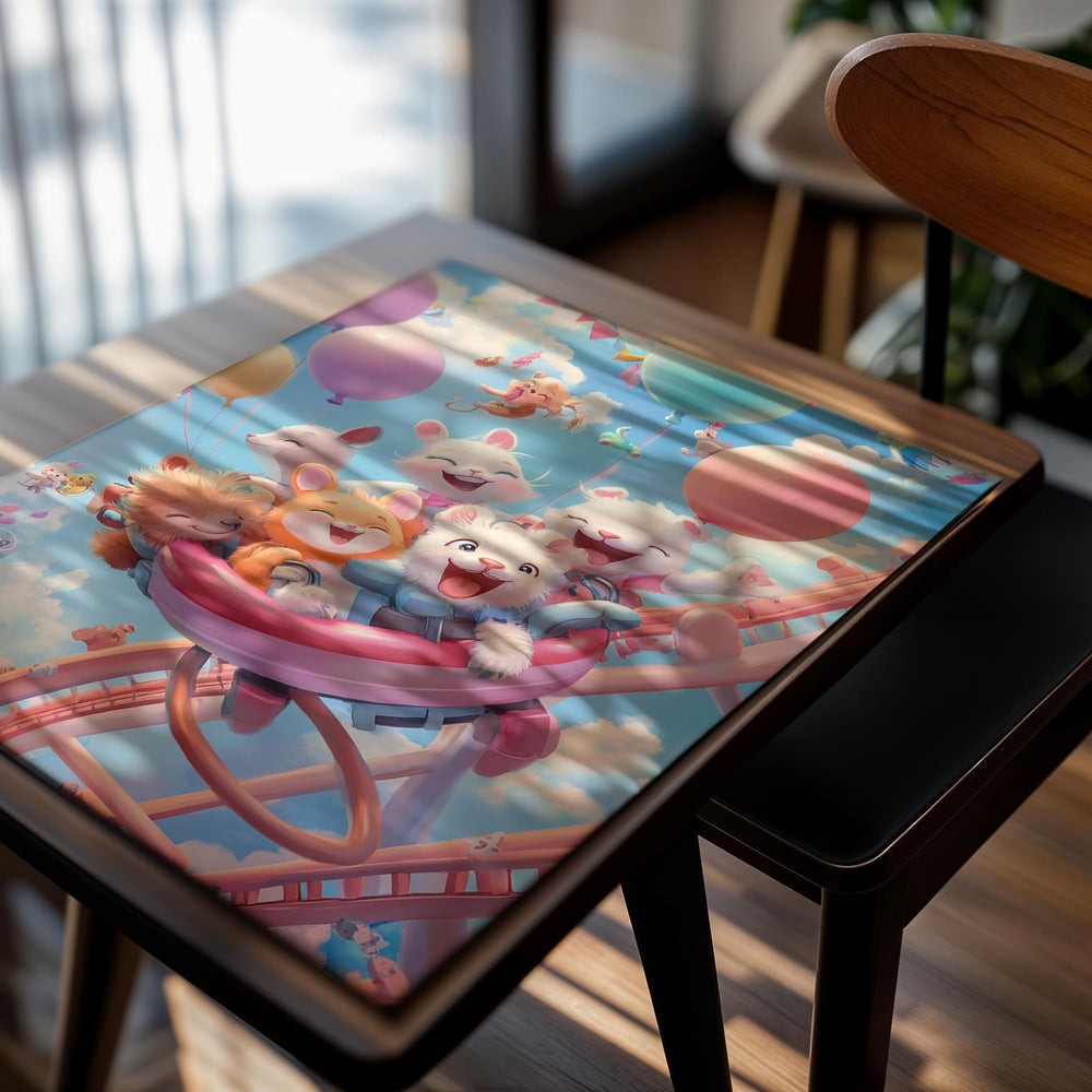 Cartoon animals on a roller coaster with colorful balloons and clouds in the sky, as a premium aluminum metal print from GoMetalPrint.