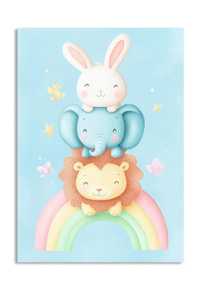 Cartoon lion, elephant, and rabbit on a rainbow with a blue background, as a premium aluminum metal print from GoMetalPrint.
