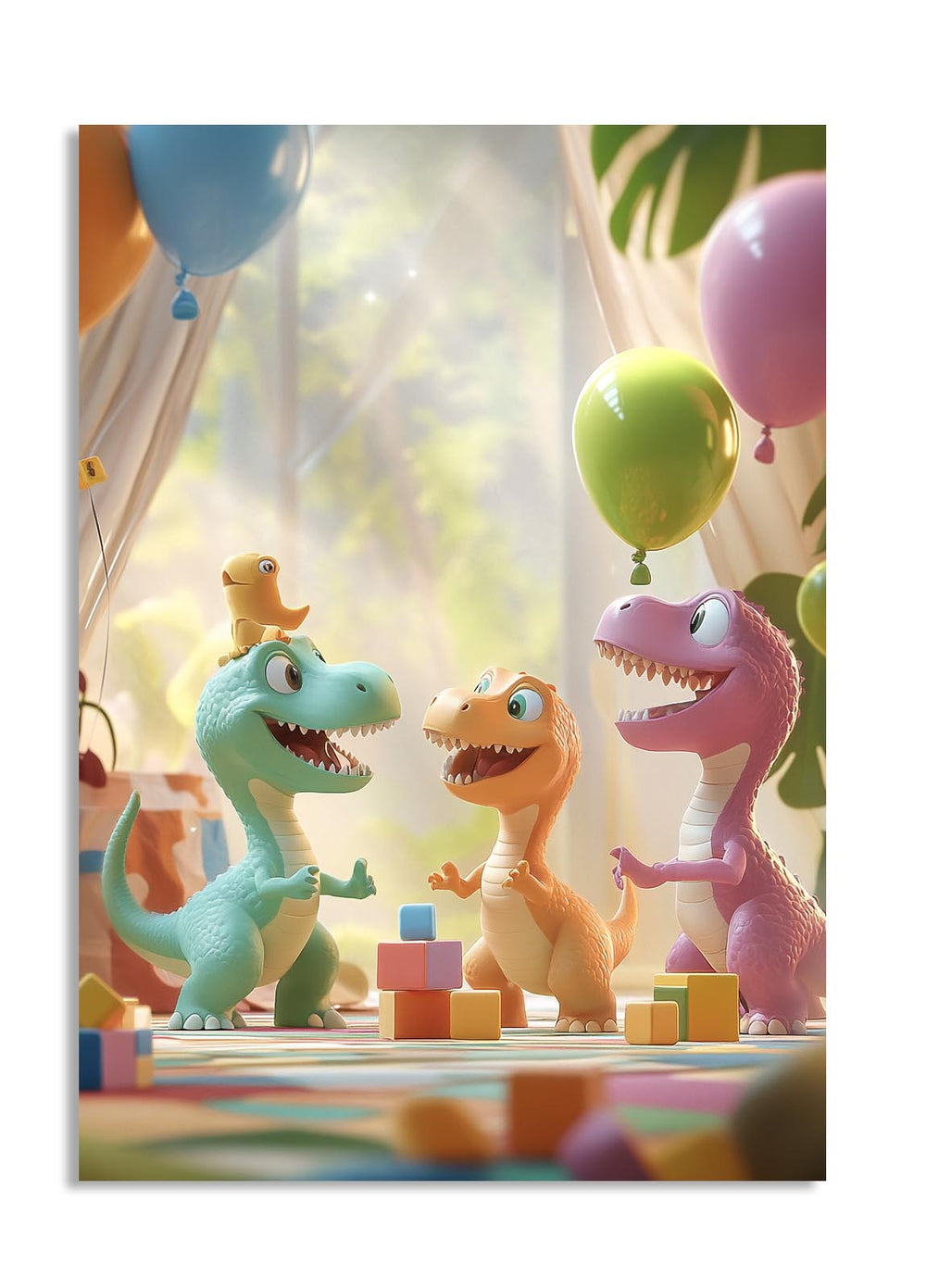 Three colorful dinosaur toys playing with blocks and balloons in a playful setting , as a premium aluminum metal print from GoMetalPrint.