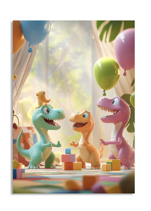 Three colorful dinosaur toys playing with blocks and balloons in a playful setting , as a premium aluminum metal print from GoMetalPrint.