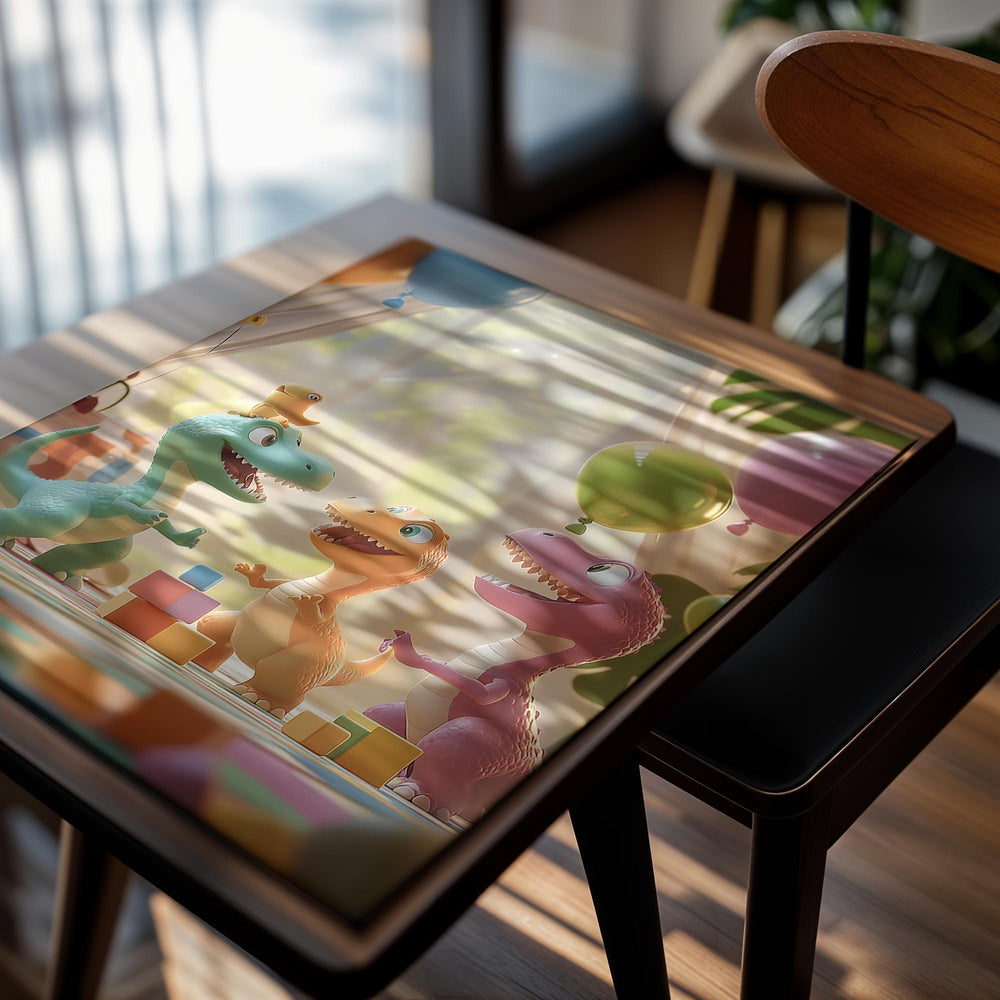 Three colorful dinosaur toys playing with blocks and balloons in a playful setting , as a premium aluminum metal print from GoMetalPrint.