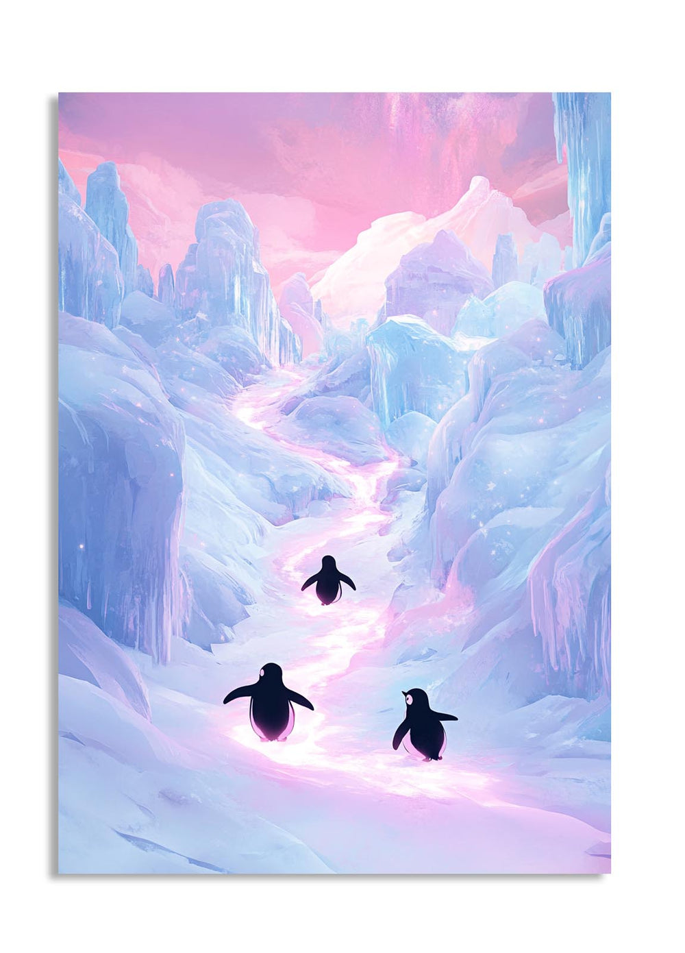 Three penguins walking on a glowing path in a icy landscape with a pink and purple sky, as a premium aluminum metal print from GoMetalPrint.