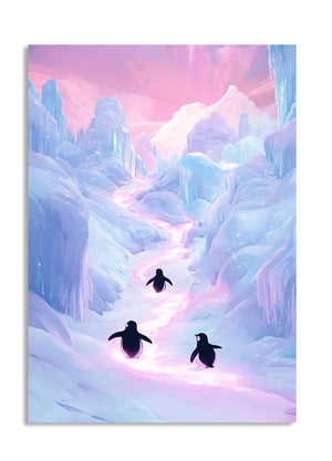 Three penguins walking on a glowing path in a icy landscape with a pink and purple sky, as a premium aluminum metal print from GoMetalPrint.