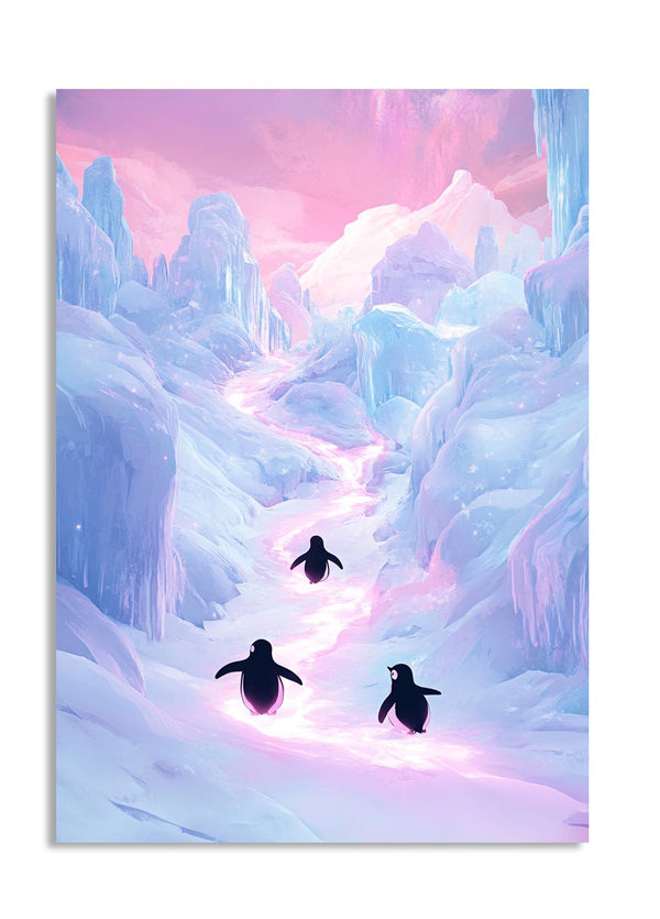 Three penguins walking on a glowing path in a icy landscape with a pink and purple sky, as a premium aluminum metal print from GoMetalPrint.