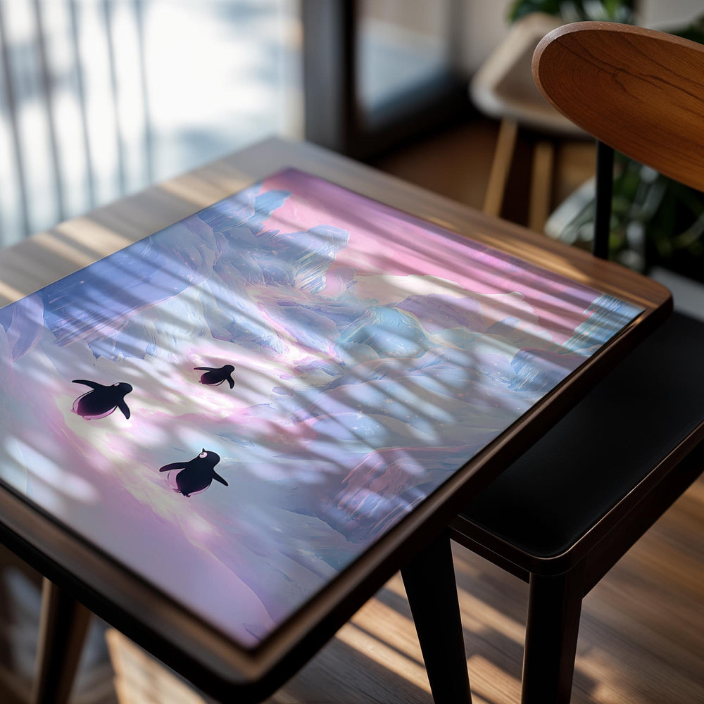 Three penguins walking on a glowing path in a icy landscape with a pink and purple sky, as a premium aluminum metal print from GoMetalPrint.