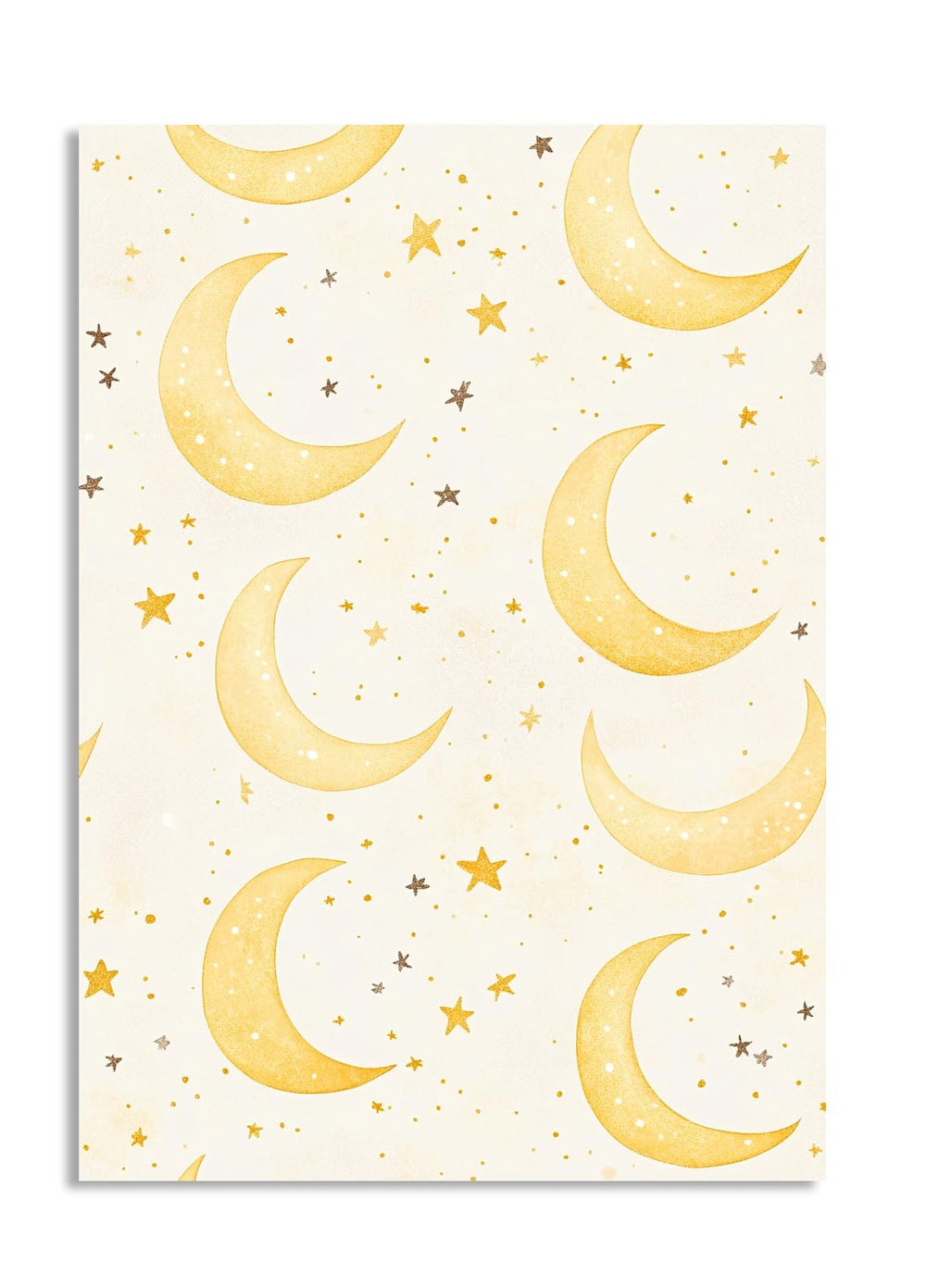 Pattern of yellow crescent moons and stars on a white background, as a premium aluminum metal print from GoMetalPrint.