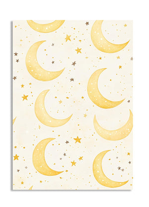 Pattern of yellow crescent moons and stars on a white background, as a premium aluminum metal print from GoMetalPrint.