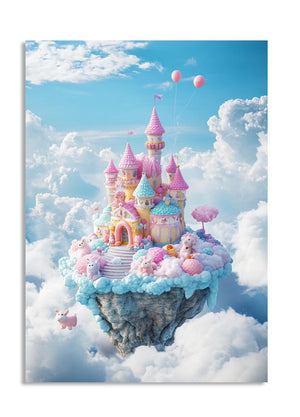 Fantasy castle in the clouds with pastel colors and balloons, as a premium aluminum metal print from GoMetalPrint.