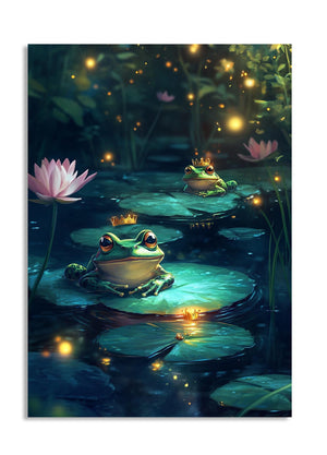 Two frogs on lily pads with glowing lights in a pond setting, as a premium aluminum metal print from GoMetalPrint.