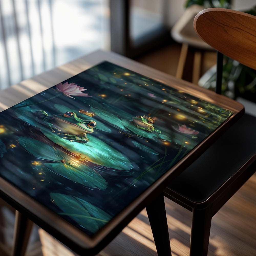 Two frogs on lily pads with glowing lights in a pond setting, as a premium aluminum metal print from GoMetalPrint.