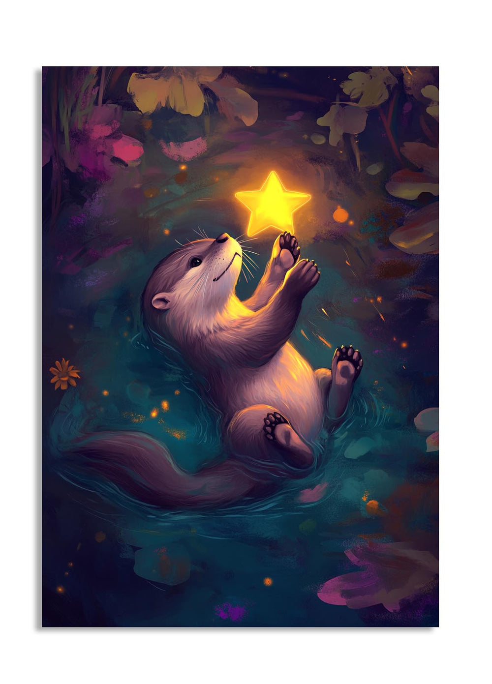 Illustration of an otter holding a star in a magical underwater scene with flowers, as a premium aluminum metal print from GoMetalPrint.