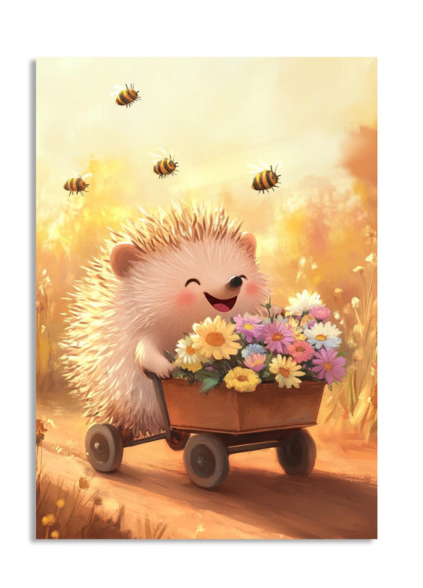 Illustration of a hedgehog pulling a cart full of flowers with bees in the background , as a premium aluminum metal print from GoMetalPrint.