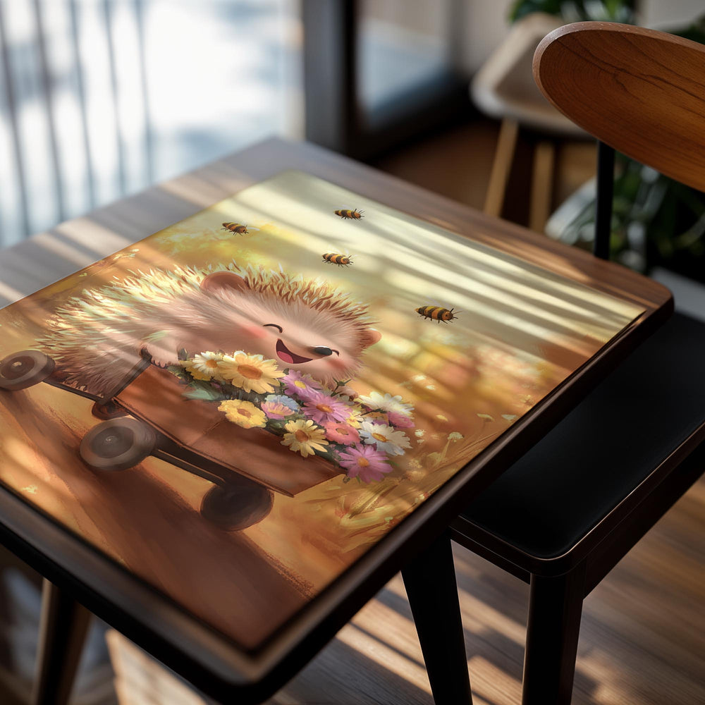 Illustration of a hedgehog pulling a cart full of flowers with bees in the background , as a premium aluminum metal print from GoMetalPrint.