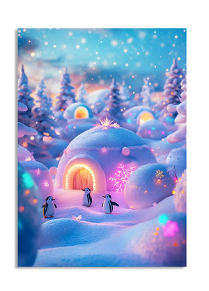 Magical snowy landscape with glowing igloo and penguins, as a premium aluminum metal print from GoMetalPrint.