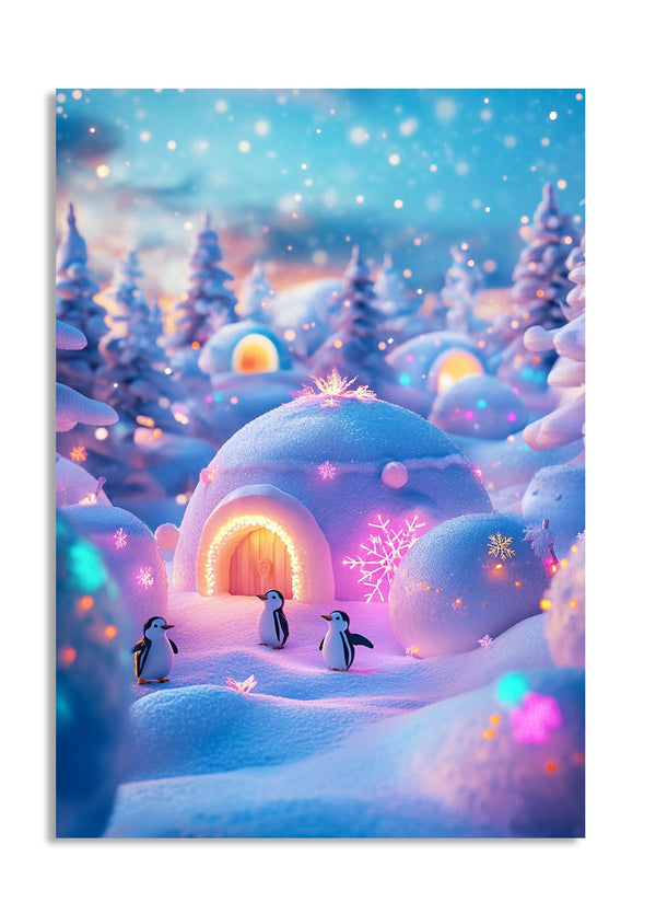 Magical snowy landscape with glowing igloo and penguins, as a premium aluminum metal print from GoMetalPrint.