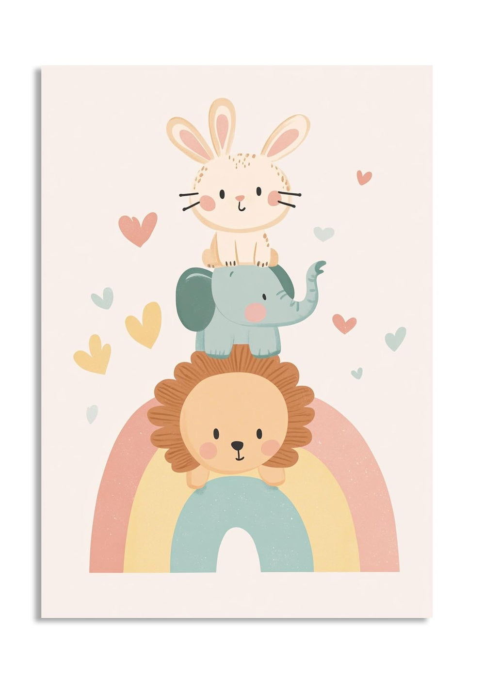 Children's poster with a lion, elephant, and rabbit on a rainbow and hearts, as a premium aluminum metal print from GoMetalPrint.