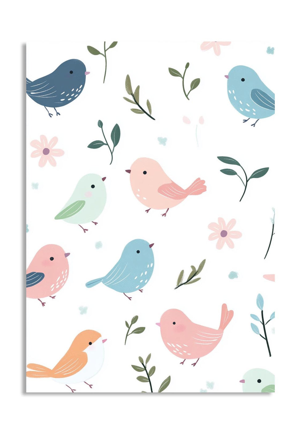 Illustrations of colorful birds and flowers on a white background, as a premium aluminum metal print from GoMetalPrint.